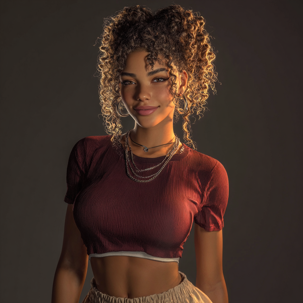 Young woman with curly hair wearing a burgundy crop top and layered necklaces, smiling confidently against a dark background.