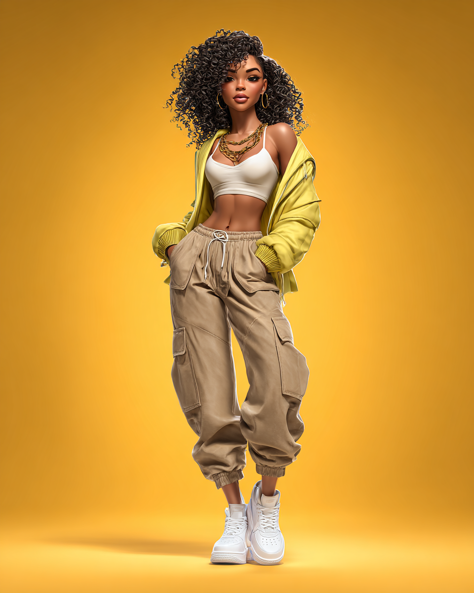 3D rendered stylish woman in yellow jacket, crop top, cargo pants, and white sneakers posing on yellow background.