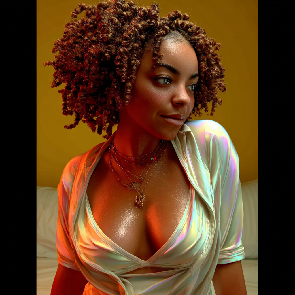 A young Black woman with curly auburn hair wearing an iridescent wrap top and gold necklace poses against a yellow background.