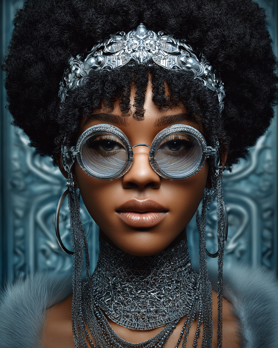 A Black woman with an afro wears ornate silver headpiece, round glasses, layered chains, and fur collar in a regal portrait.