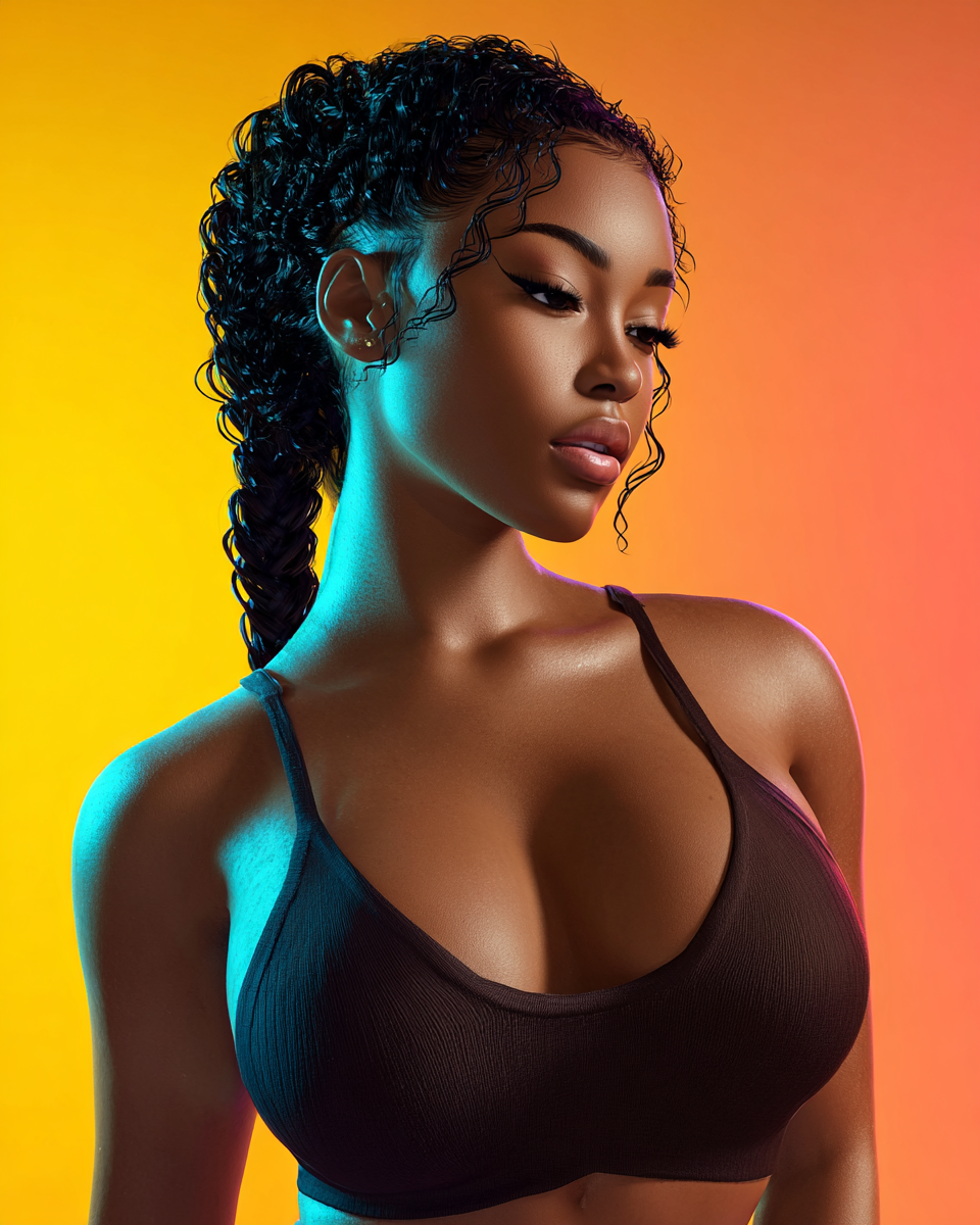 A fit Black woman in a dark sports bra poses against a vibrant orange and teal gradient background with braided hair.