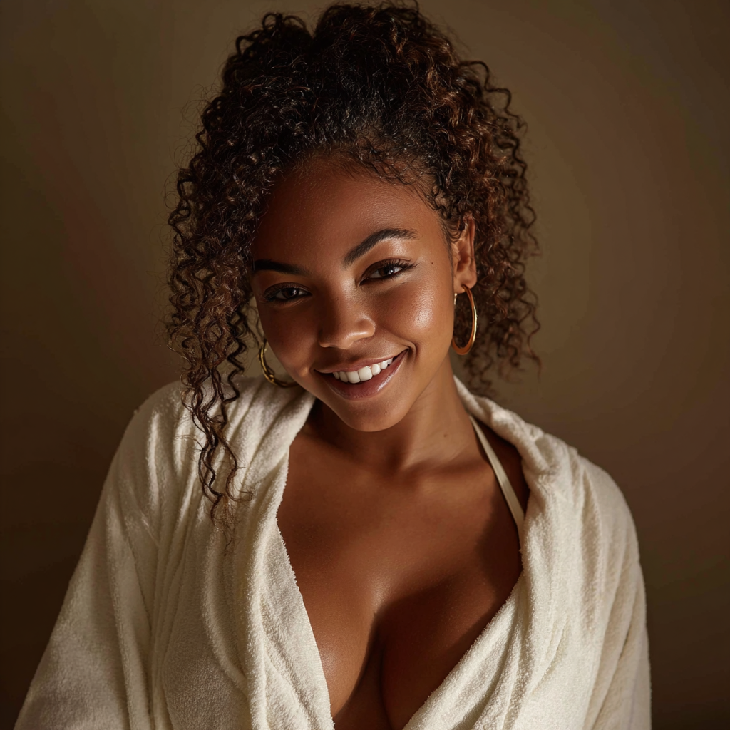 Smiling young woman with curly hair wearing a white robe, posing confidently against a warm brown background.