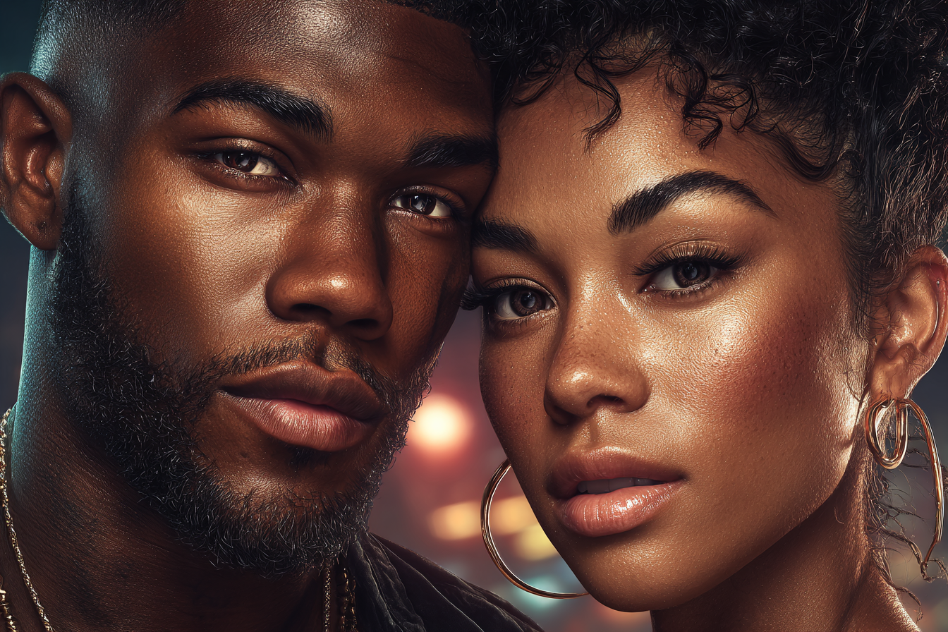 A young Black couple poses closely together, showcasing natural beauty and confidence in warm, glowing light.