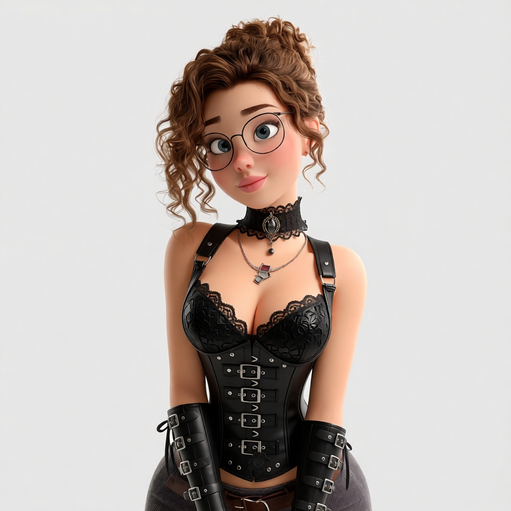 Animated woman in black leather corset with glasses and curly updo hair on white background.