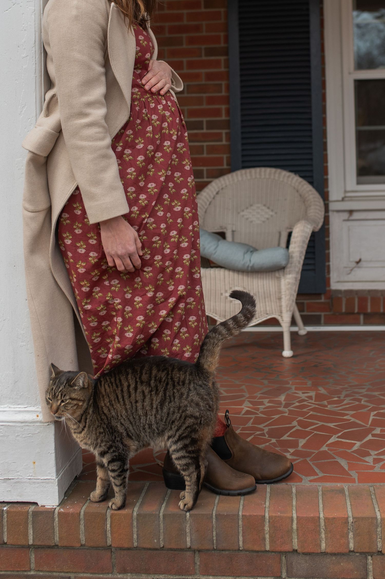 pregnant mama woman leaning against column with grey brown and black cat on front porch at-home family maternity session nc