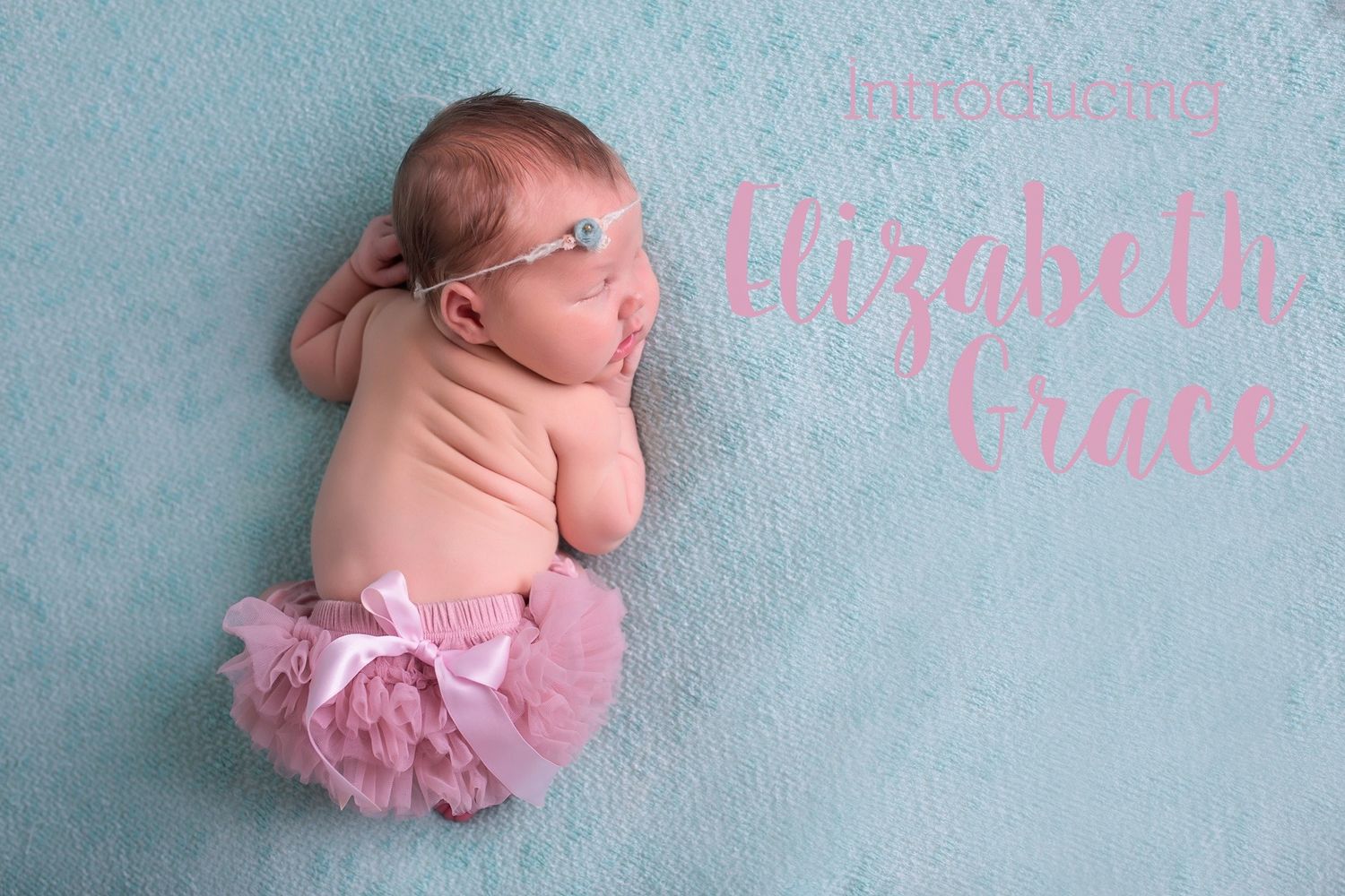 Sweet newborn photography collection with baby wearing pink tutu on aqua backdrop.