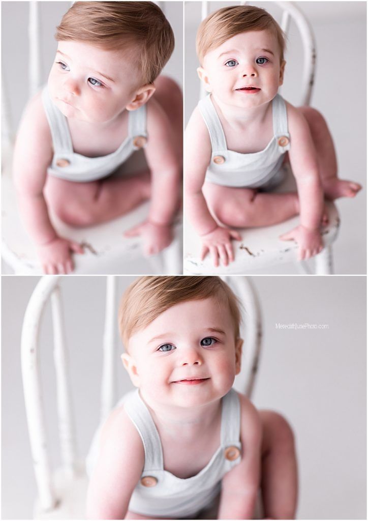 Sweet baby in white tank top poses on white chair showing different expressions in professional studio photos.