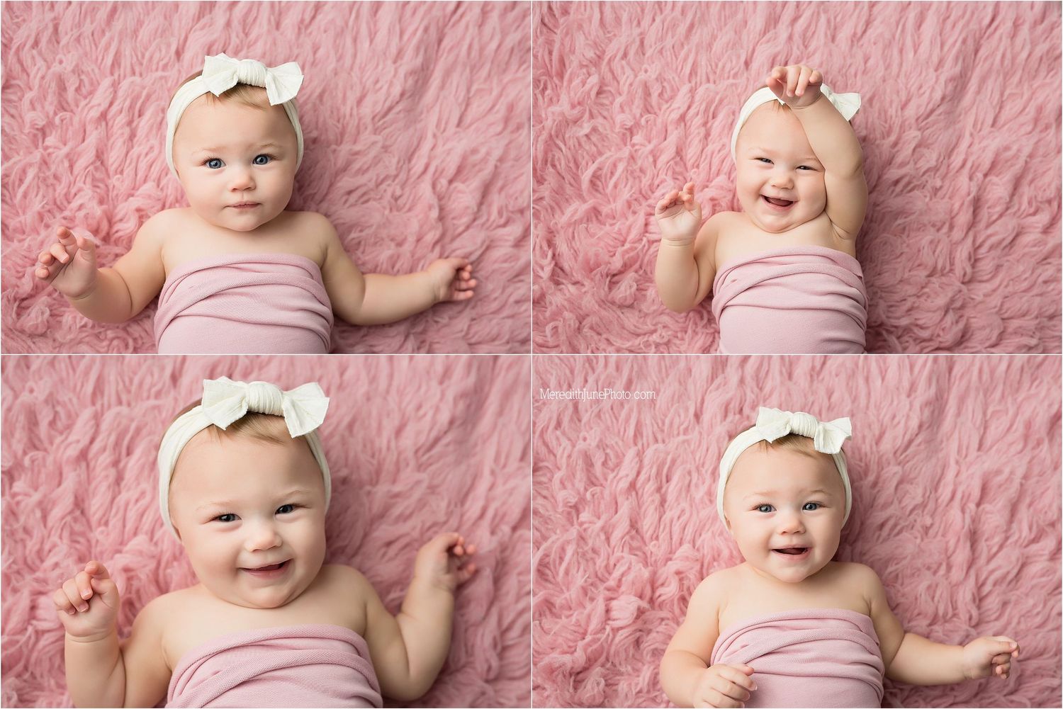 Four-photo collage showing baby in pink outfit against textured pink background.