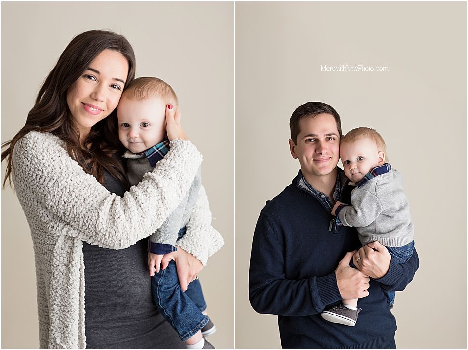 A series of tender parent and baby portrait photographs showing loving embraces and gentle moments in a studio setting.