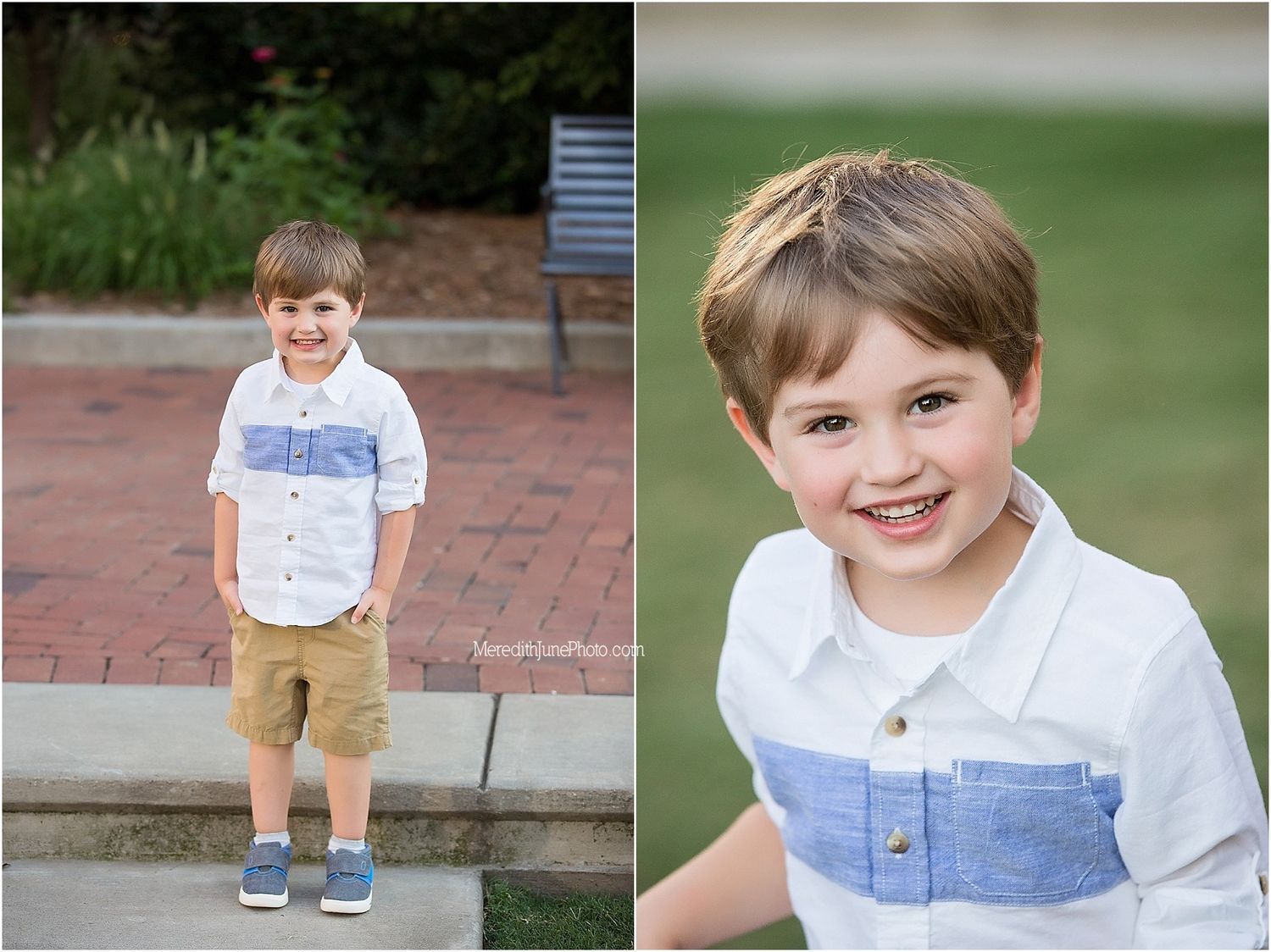 A child wearing a white and blue color block shirt with khaki shorts stands on a brick patio in a garden setting.