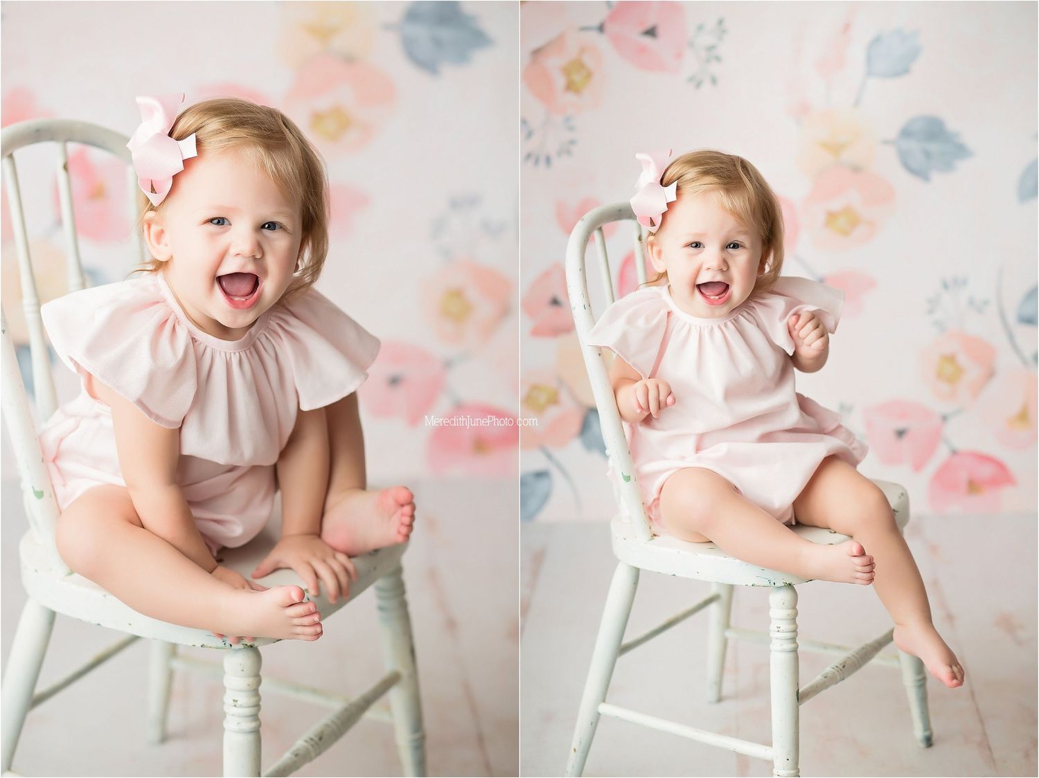 Candid moments captured on a white spindle chair against a soft floral watercolor backdrop.