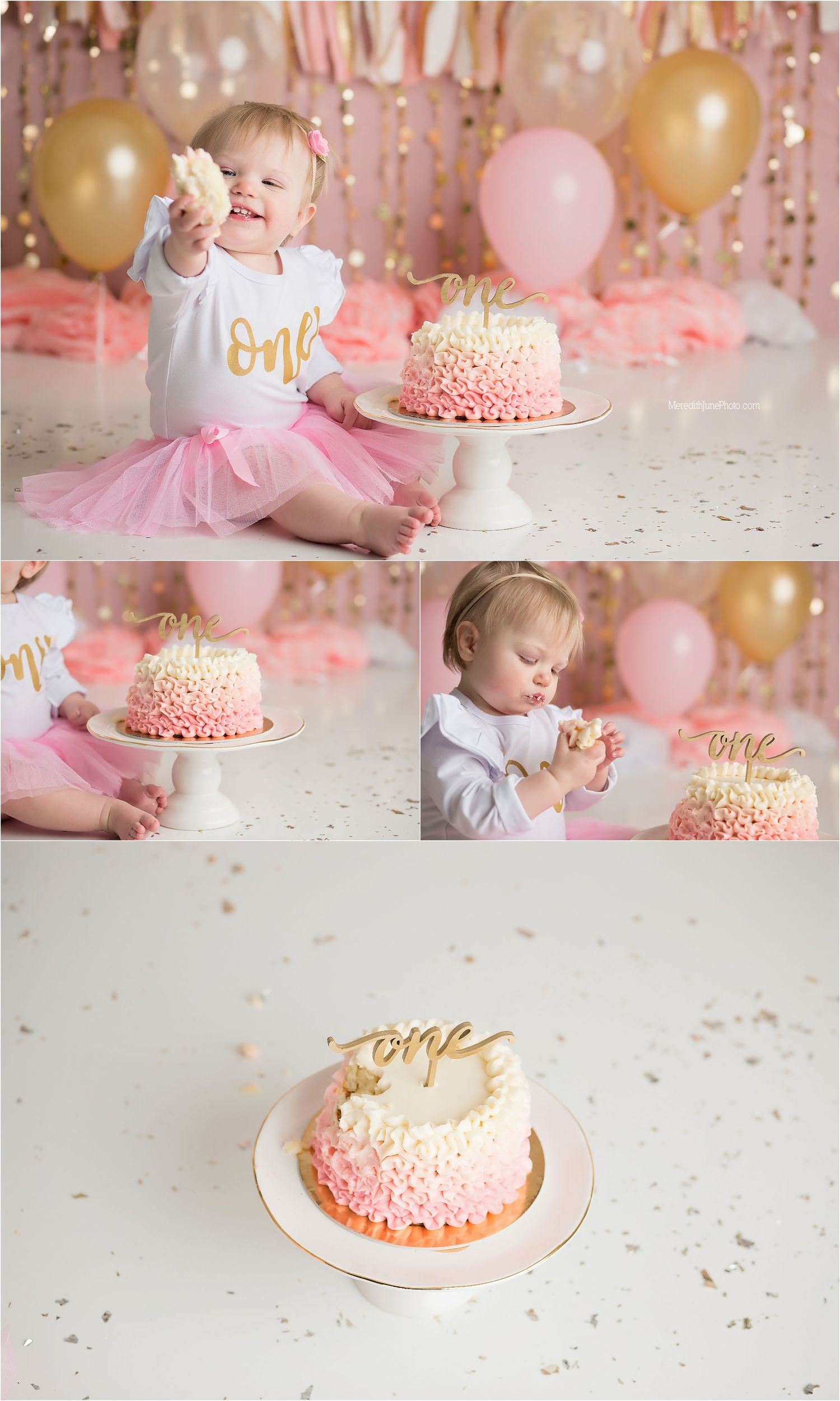 Pink and gold first birthday cake smash photo session setup with balloons and sparkly backdrop.