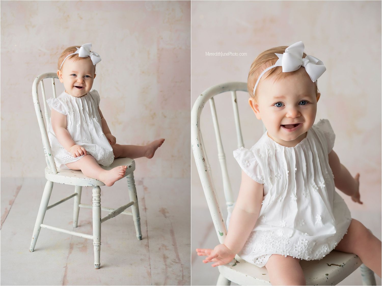 A series of milestone photos showing a baby in a white dress sitting and playing with a white wooden chair.