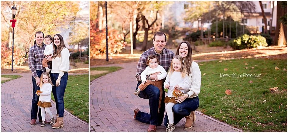 A collection of outdoor portrait photos taken during autumn showing couples and groups posing on pathways with fall foliage.