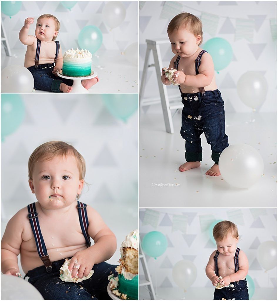 Collection of candid shots showing little one in navy suspenders playing and interacting with a teal cake.