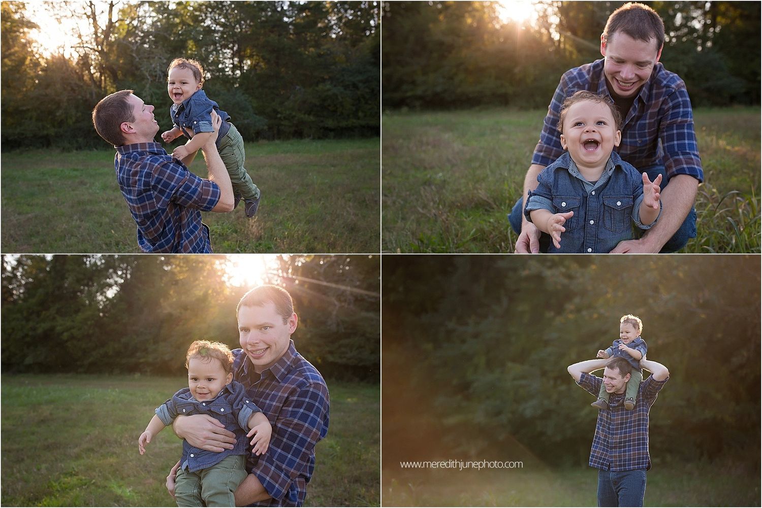 Playful family moments captured in a series of candid shots at sunset.