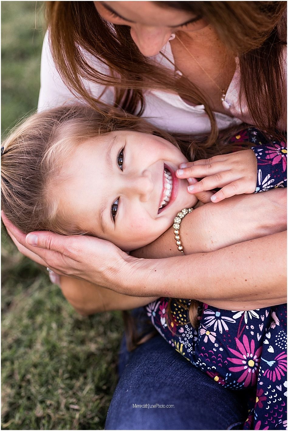 A series of candid outdoor photos showing joyful expressions and playful moments in a floral dress against grass.
