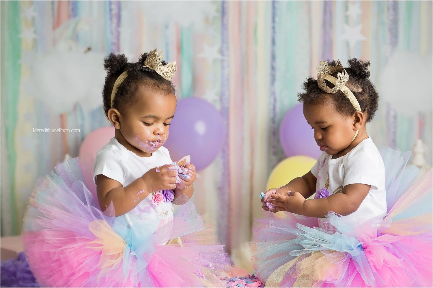 A photo collage shows a baby in a pink tutu and crown posing during a first birthday cake smash photoshoot.