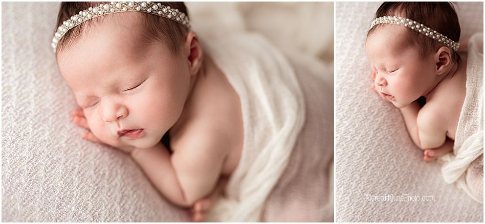 A series of delicate newborn photography portraits showing a sleeping baby in soft white textures and lace headbands.