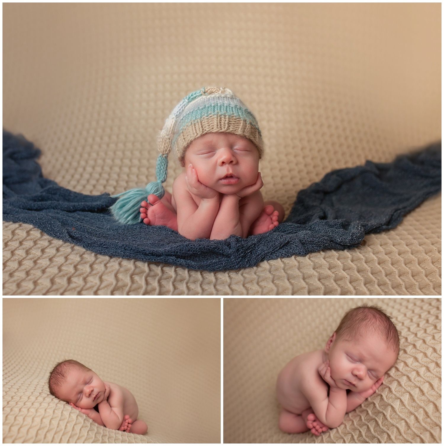 Newborn baby sleeping peacefully on textured beige blanket in various artistic poses and angles.