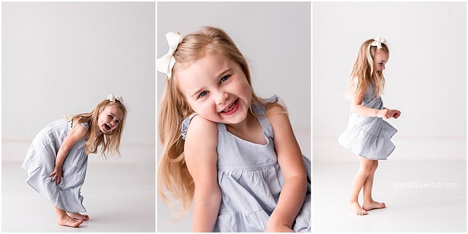 Collection of bright studio portraits capturing candid moments between parent and child in white setting.