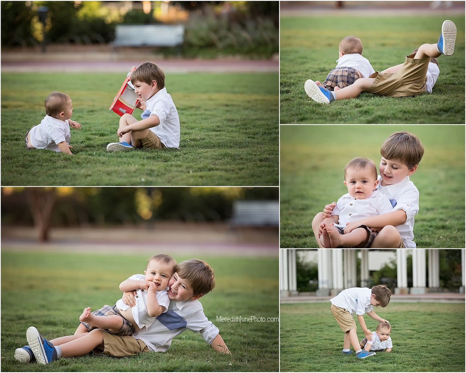 Children playing and interacting together on a grassy lawn in multiple candid moments.