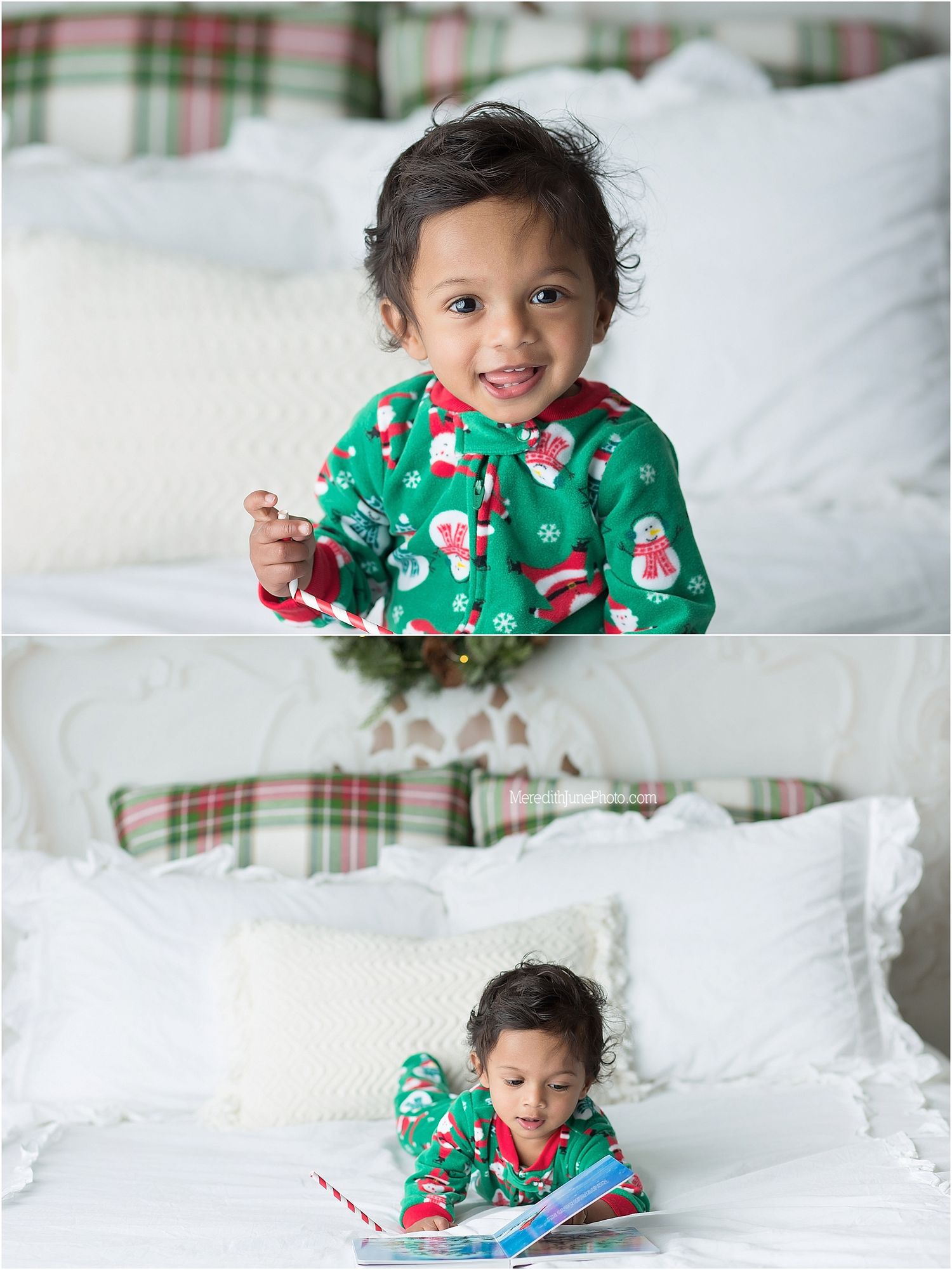A child wearing festive green Christmas pajamas with snowmen patterns lies on white bedding during a holiday photoshoot.