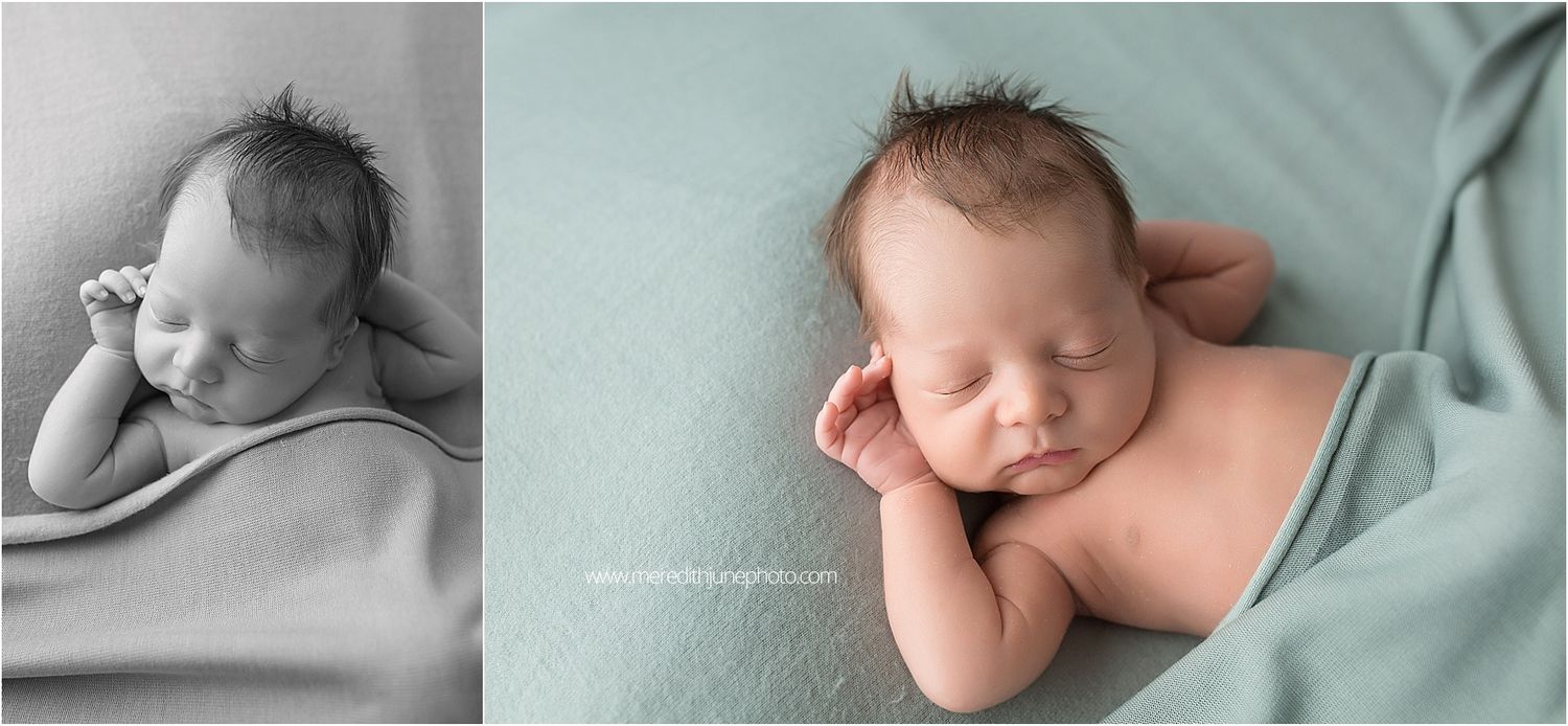 A series of peaceful newborn photos showing tiny feet, hands, and sleeping poses on soft mint and gray backgrounds.