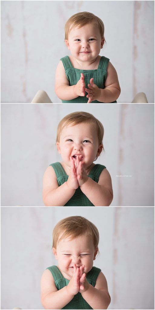 A series of playful expressions showing a baby in a green top against a light background.