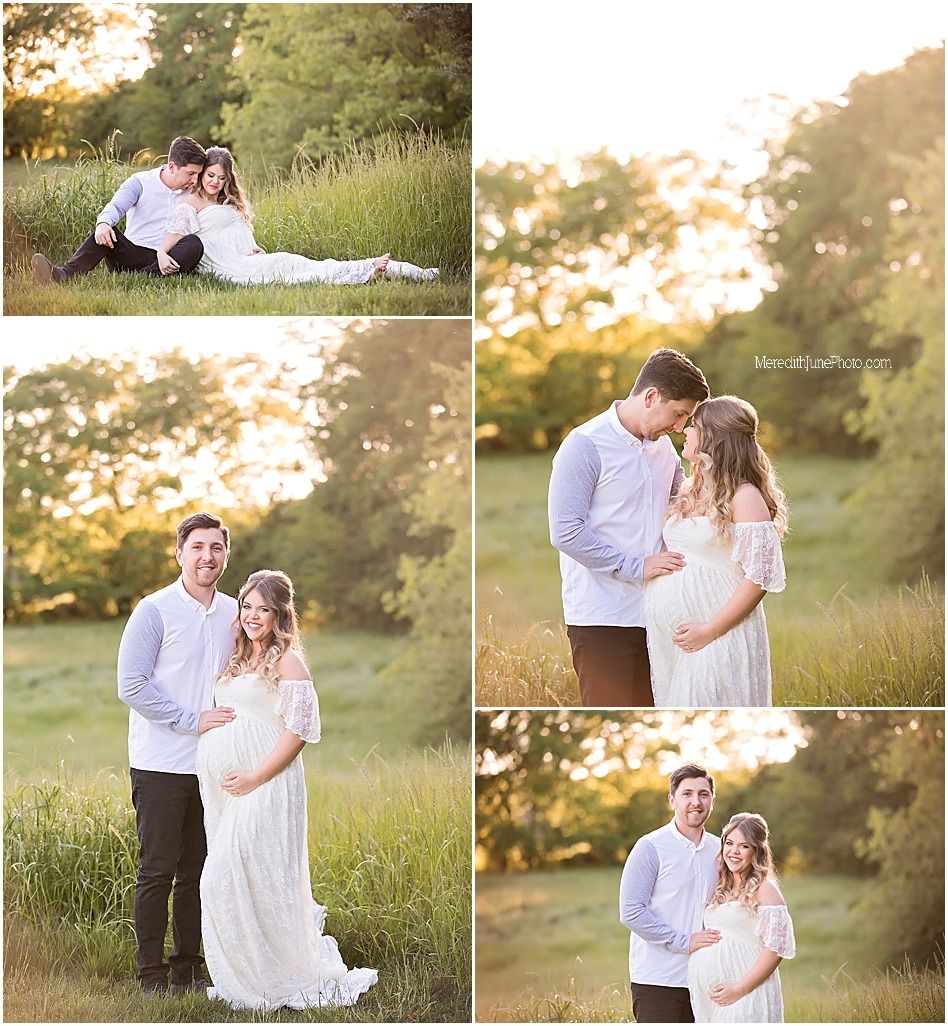 Romantic outdoor maternity photography session featuring couple in white dress and casual attire during sunset.