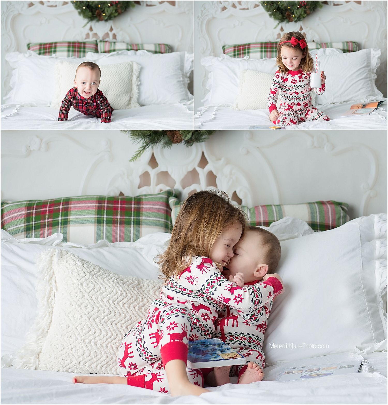 Festive holiday photos on white bedding with plaid pillows and Christmas decor in the background.
