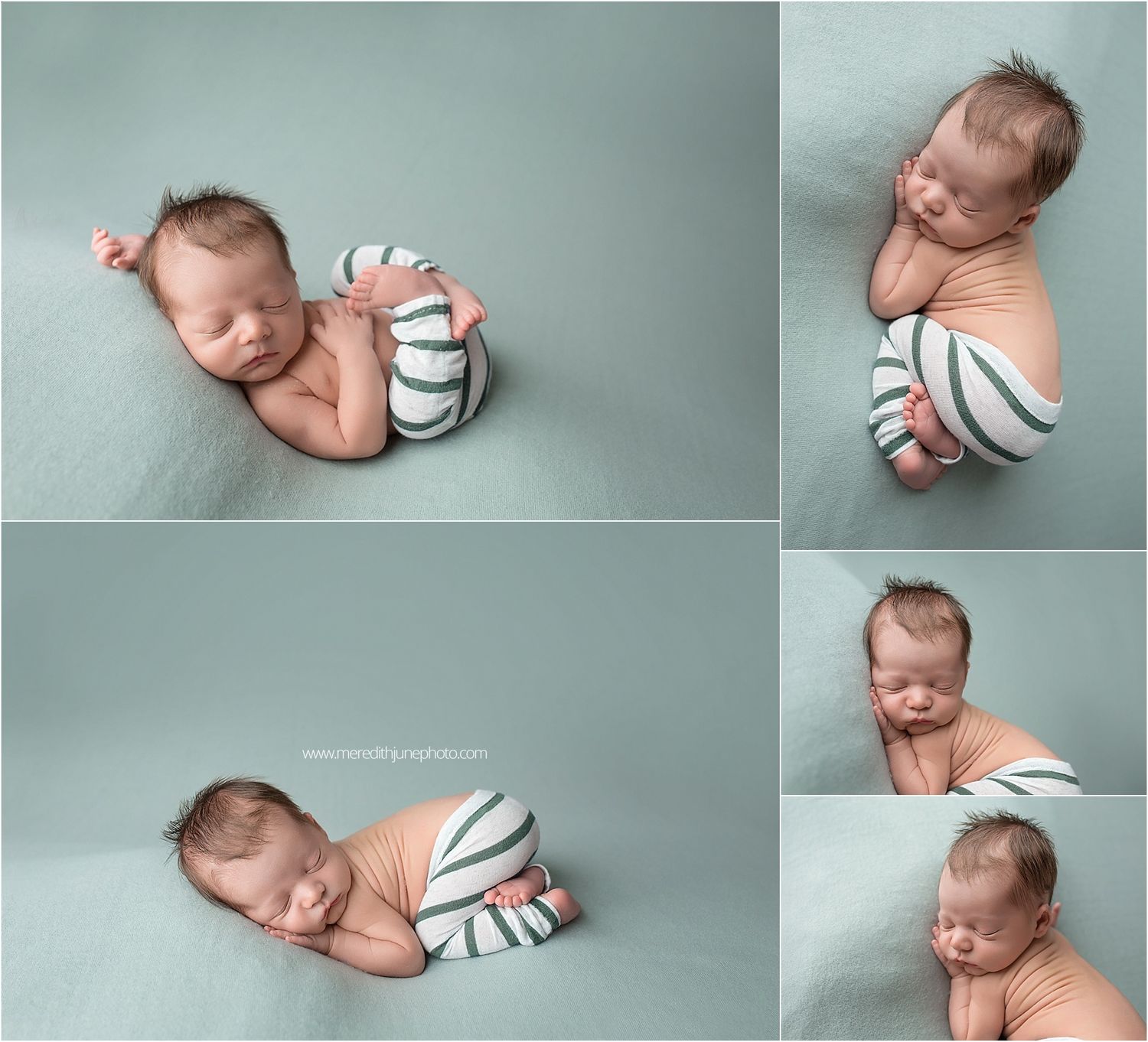 A collection of minimalist newborn portraits on soft teal backgrounds with white and striped wraps.