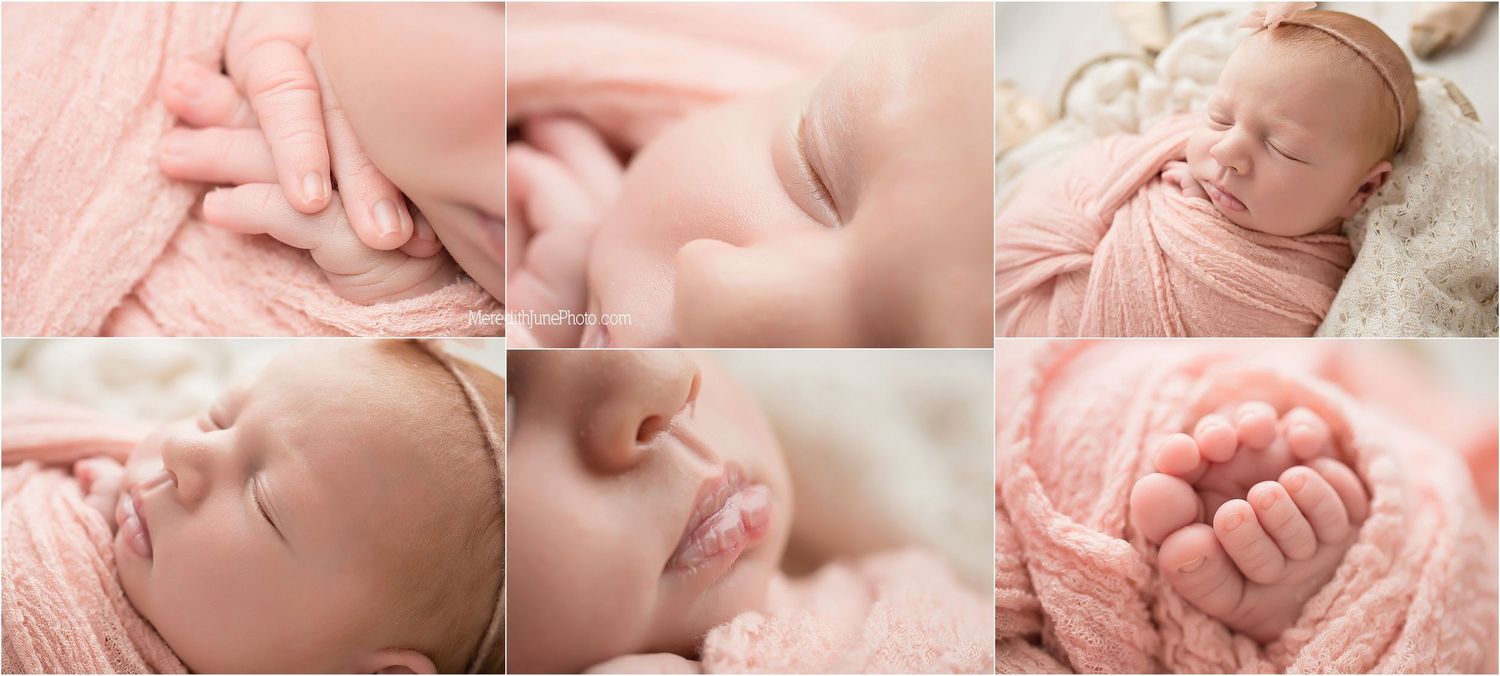 Collage of newborn baby details showing tiny hands, feet, and delicate skin in soft pink tones.