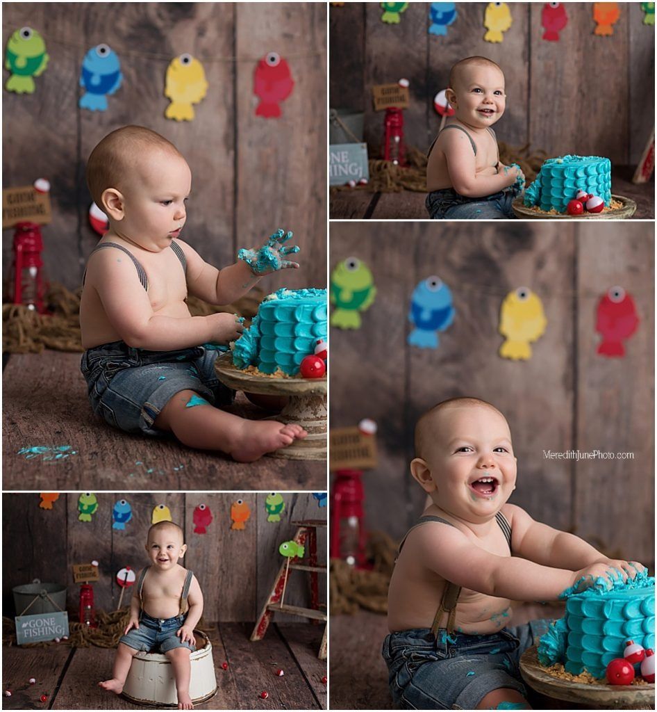 Colorful gummy bear decorations and cake smash setup against rustic wooden backdrop with festive party elements.