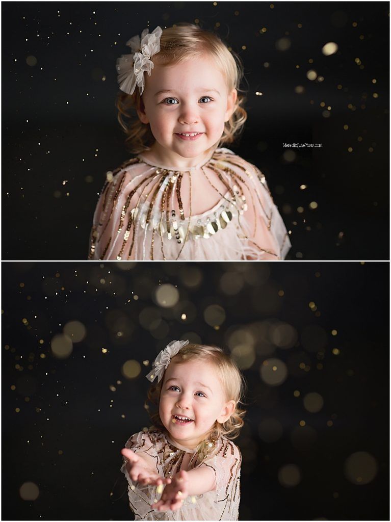 Two portrait photos showing joyful expressions against dark background with sparkly bokeh lights and pink dress.
