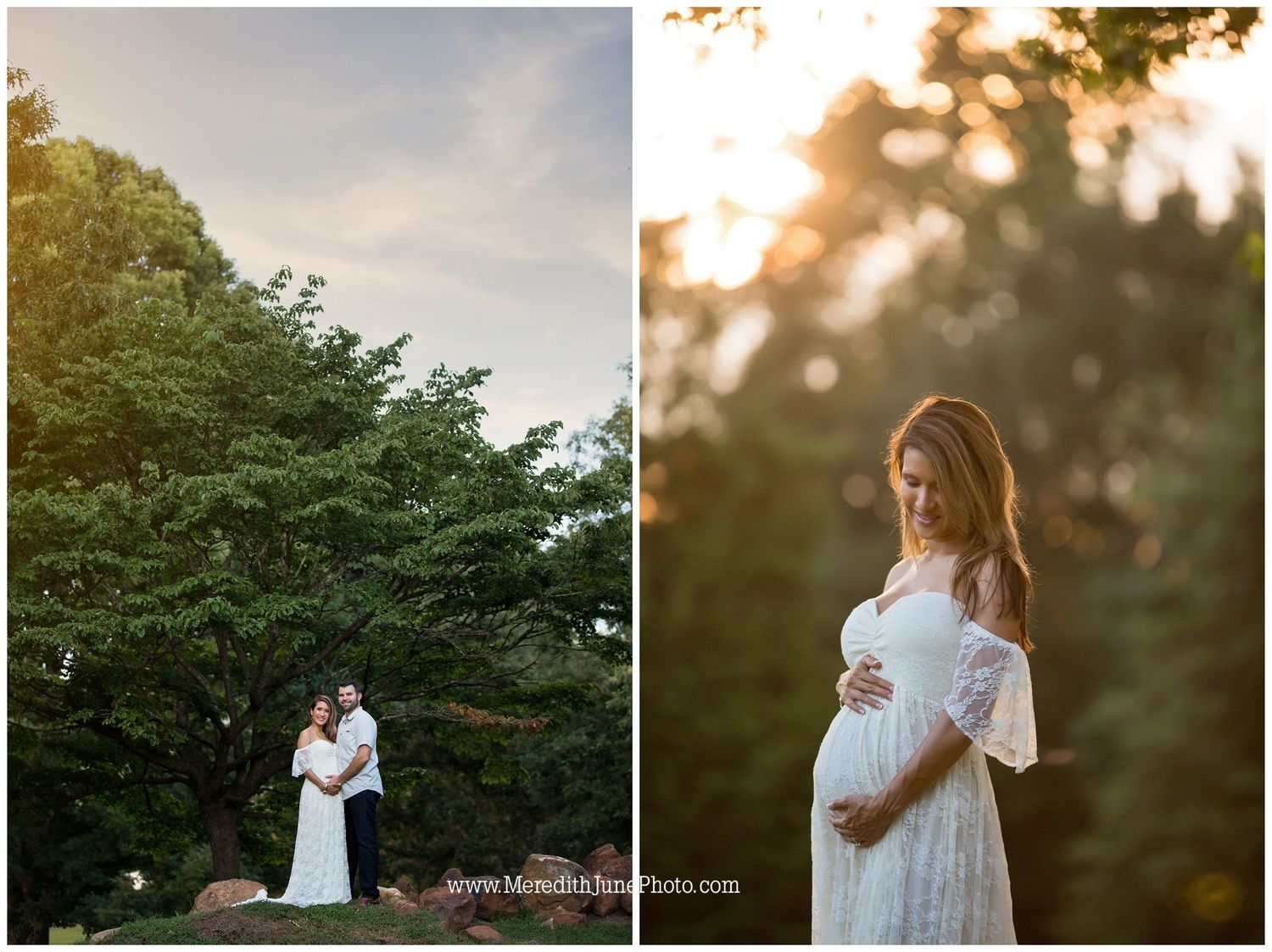 Romantic sunset engagement photos captured in a golden-lit wooded setting.