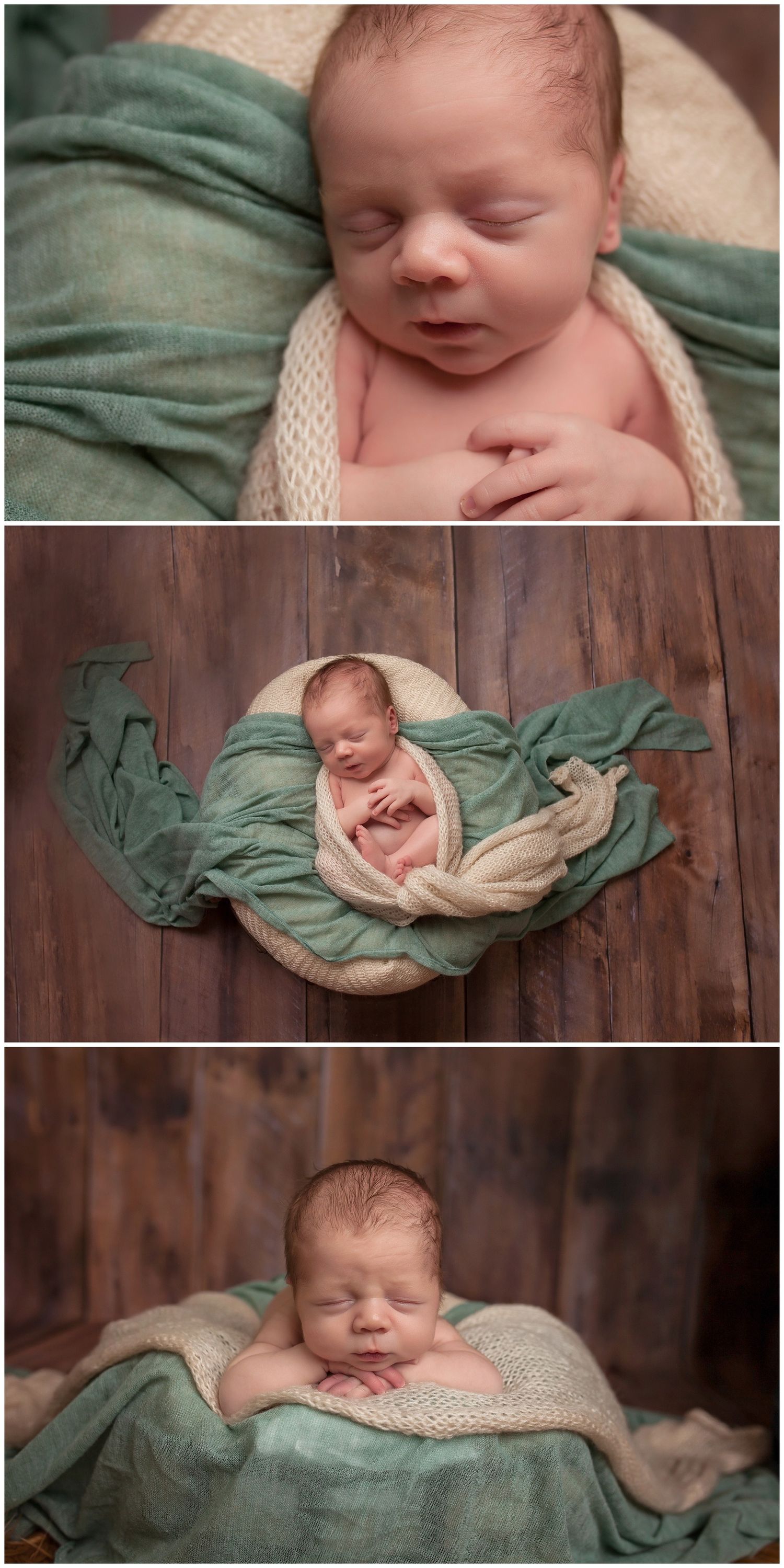 Newborn baby sleeping peacefully on soft cream and sage green fabric against rustic wooden backdrop in professional portrait.