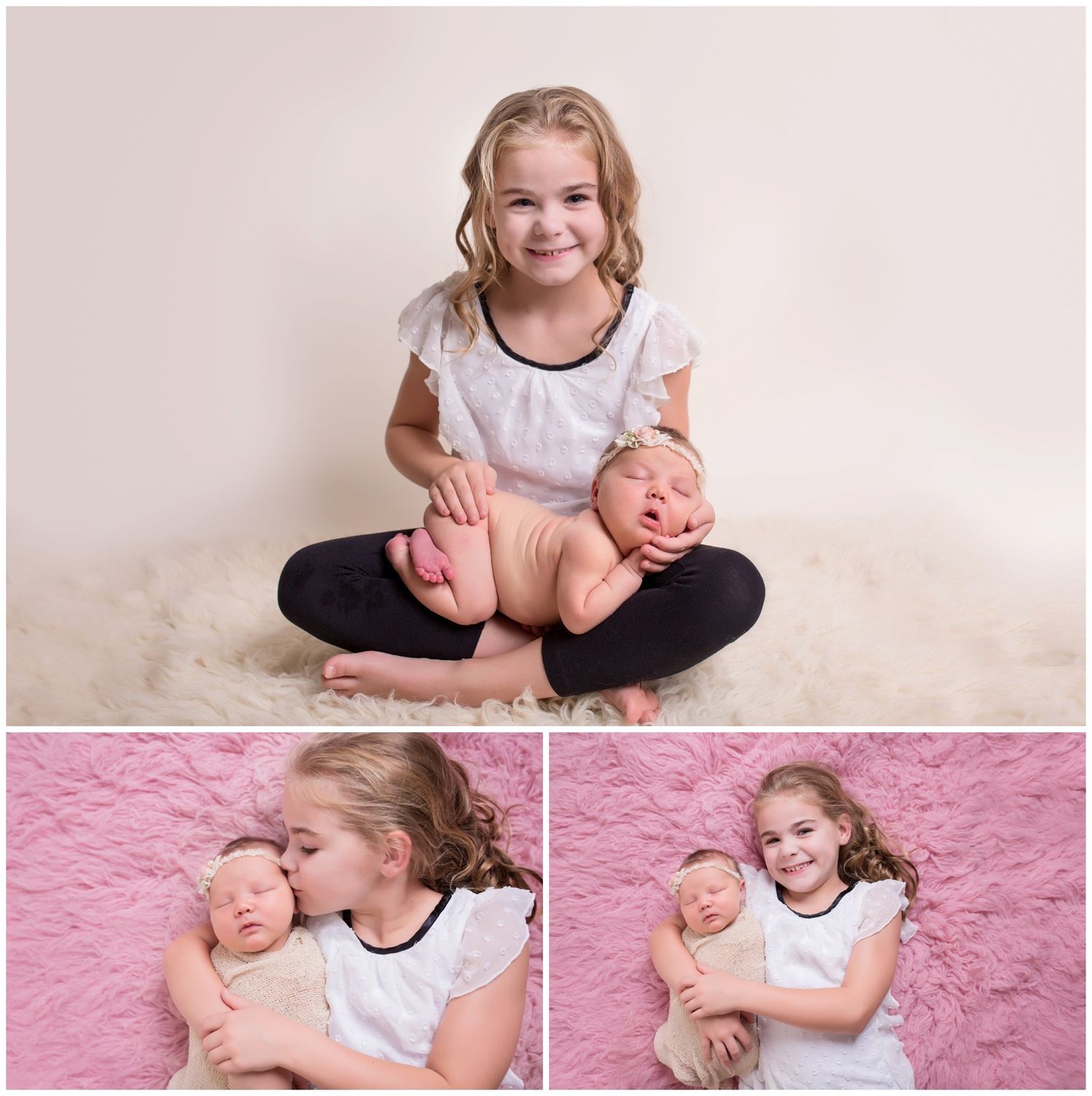 Heartwarming sibling photos with older sister and newborn baby on pink and cream backgrounds.