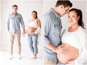 A series of maternity photos showing tender moments in soft white and denim blue tones against a light background.