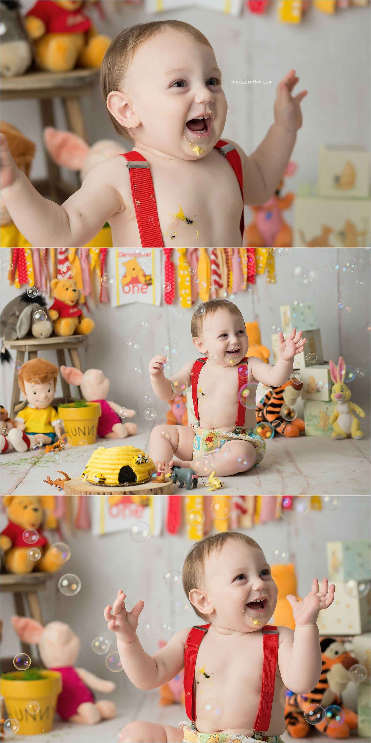 A joyful celebration with bubbles, plush toys, and Winnie the Pooh themed decorations in soft pastel colors.
