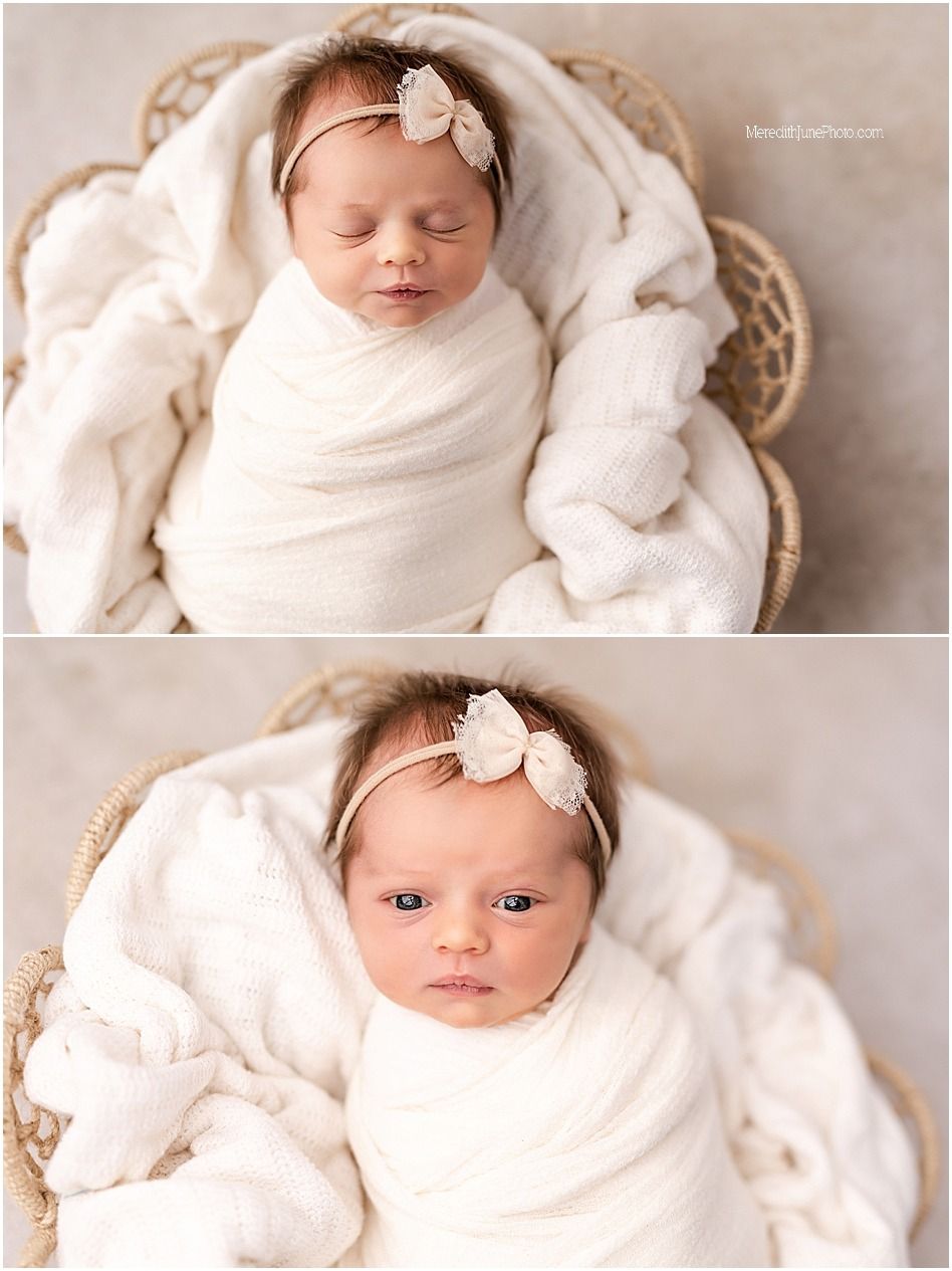 Newborn photography collection showing baby swaddled in cream fabrics with soft natural lighting.