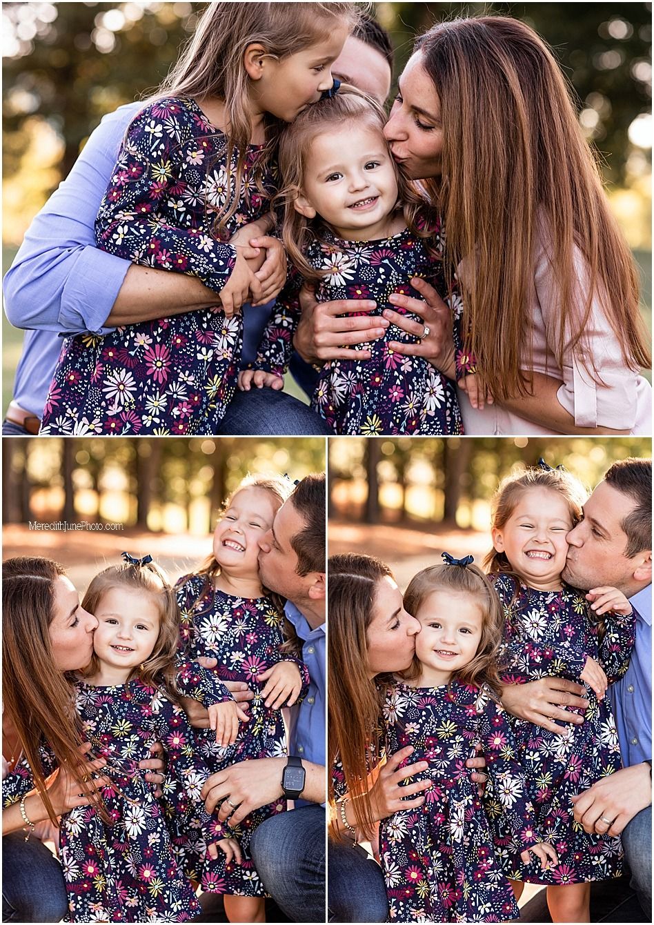A joyful outdoor family photography session with matching floral dresses during golden hour sunset.