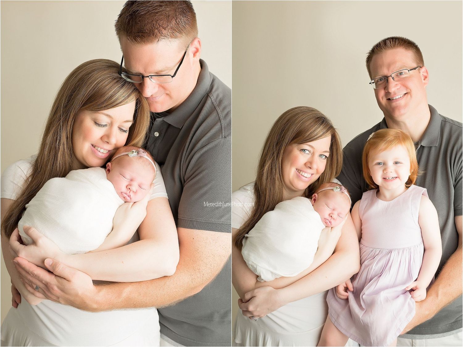 Family portrait series showing tender moments between parents and child in neutral tones.