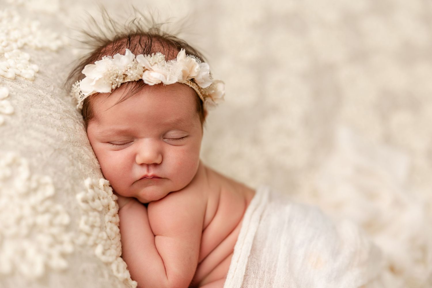 Sleeping newborn baby wearing a cream floral headband, resting peacefully on a soft textured cream blanket in a newborn photography session.