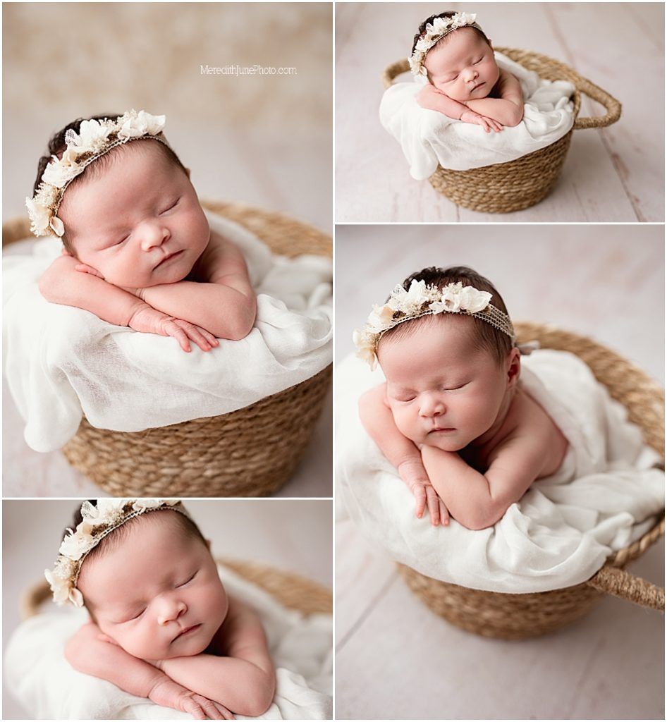 Newborn photography collection featuring peaceful sleeping baby in soft white fabrics and woven baskets.