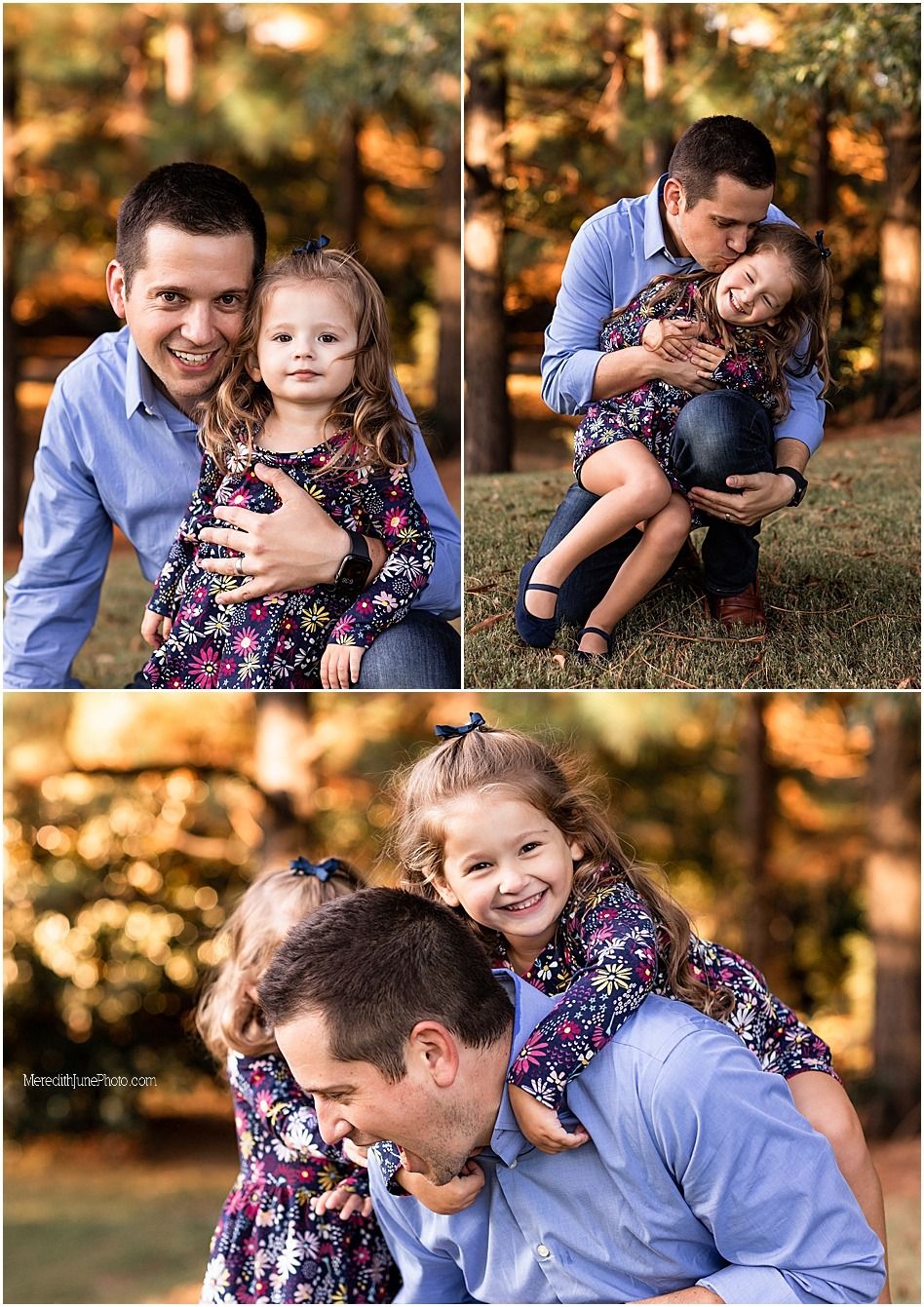 Candid family photo session in autumn with warm golden lighting and playful interactions between parent and child.