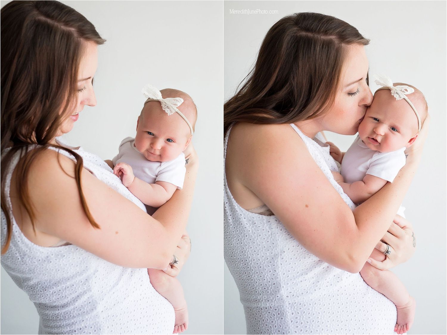 A series of tender moments captured between parent and baby in soft, minimalist studio portraits.