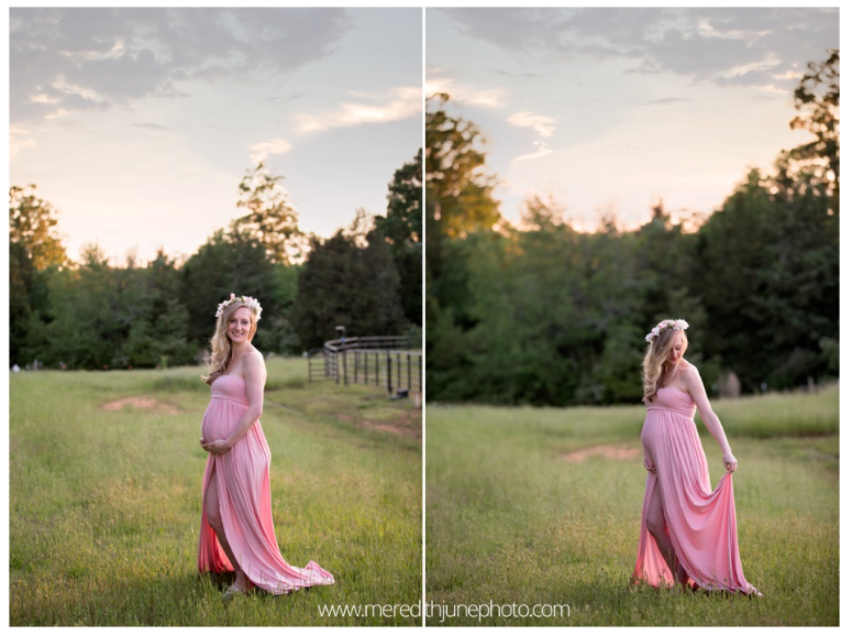 Maternity photo sequence showing a flowing pink dress in a sunset field with golden light and trees.