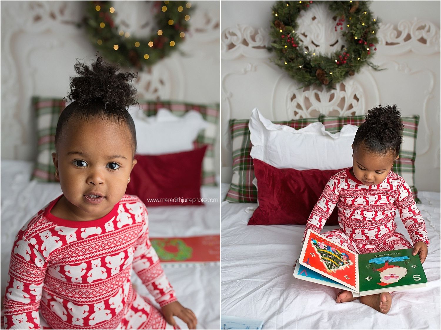 A sequence of Christmas-themed photos showing a child in red and white holiday pajamas reading books on a couch.