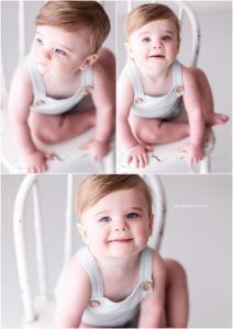 A collection of milestone photos showing a baby's growth and development over time in soft neutral tones.